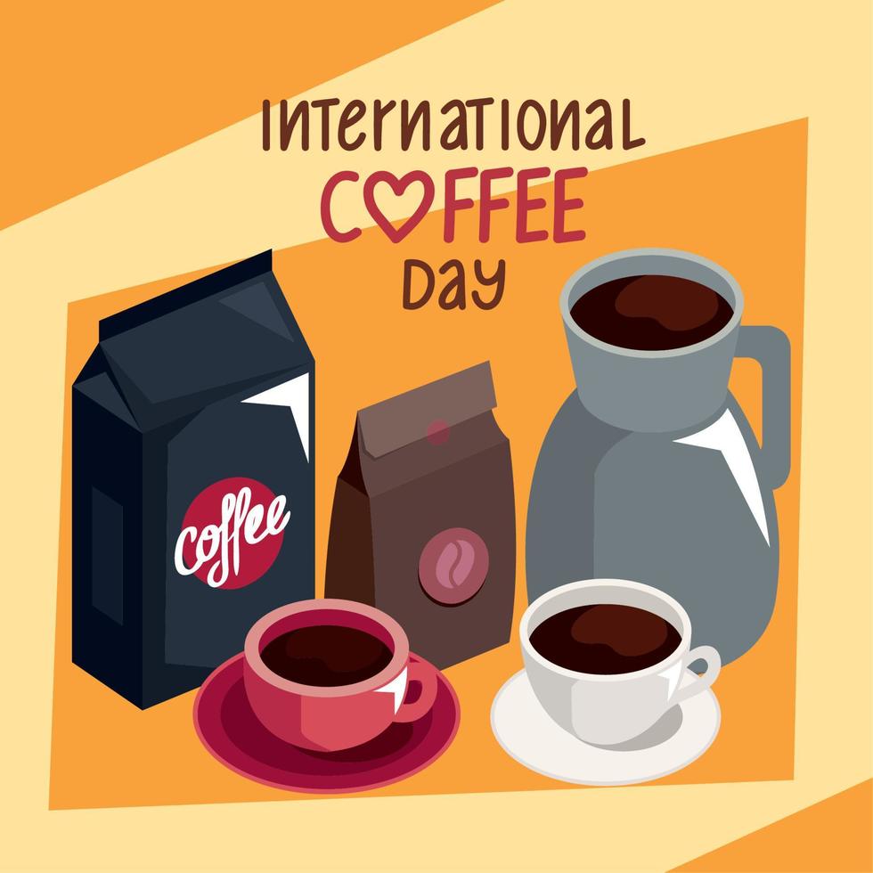 internationell kaffe dag text med Produkter vektor