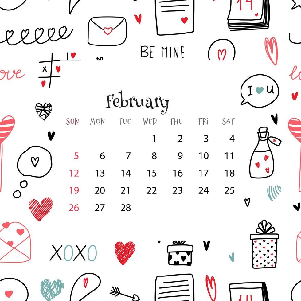 2023 kalender för februari. vektor illustration av månad kalender på blå bakgrund med doodles. sömlös söt färgrik mönster för valentine s dag med månad rutnät i tecknad serie platt stil.