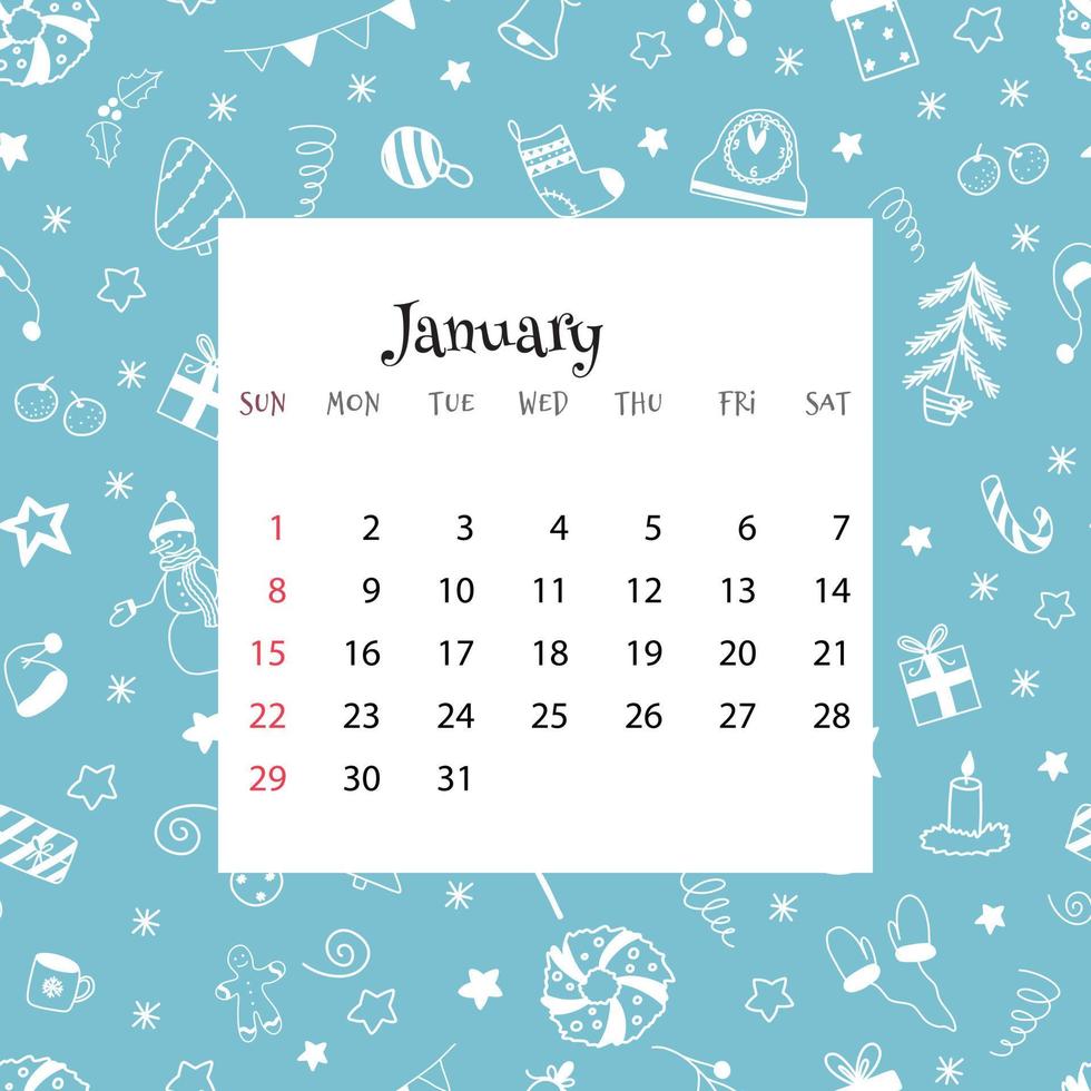 Kalender 2023 für januar. Vektorillustration des Monatskalenders auf blauem Hintergrund mit Kritzeleien. nahtloses wintermuster mit monatsraster im flachen karikaturstil. vektor