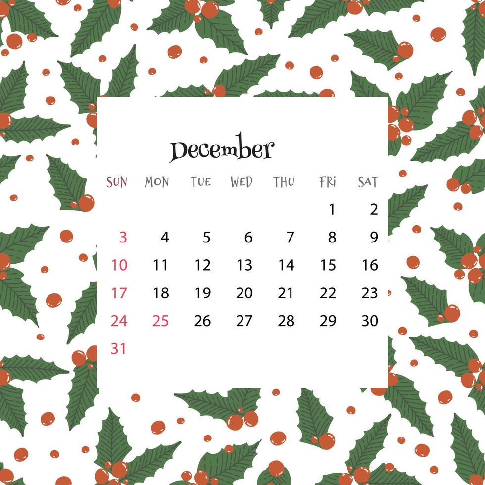 2023 kalender för december. vektor illustration av månad kalender på sömlös mönster med järnek löv och bär i tecknad serie platt stil. färgrik backgroud med månad rutnät.