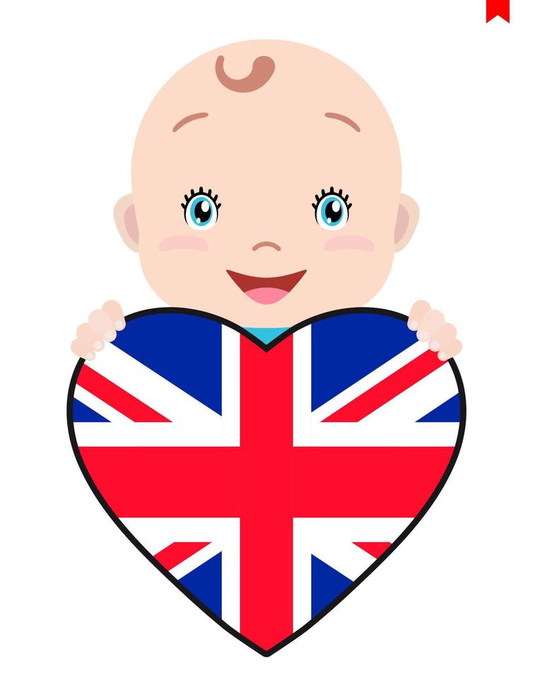 leende ansikte av en barn, en bebis och en bra storbritannien flagga i de form av en hjärta. symbol av patriotism, oberoende, resa, emblem av kärlek. vektor