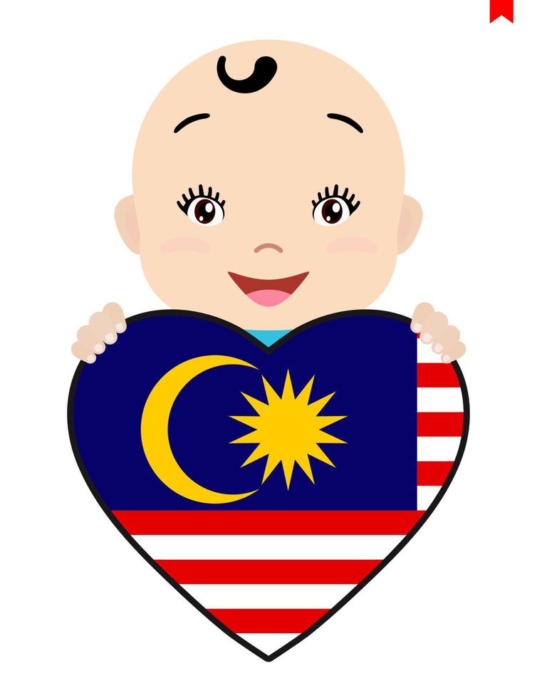 lächelndes Gesicht eines Kindes, eines Babys und einer malaysischen Flagge in Form eines Herzens. symbol für patriotismus, unabhängigkeit, reise, symbol der liebe. vektor