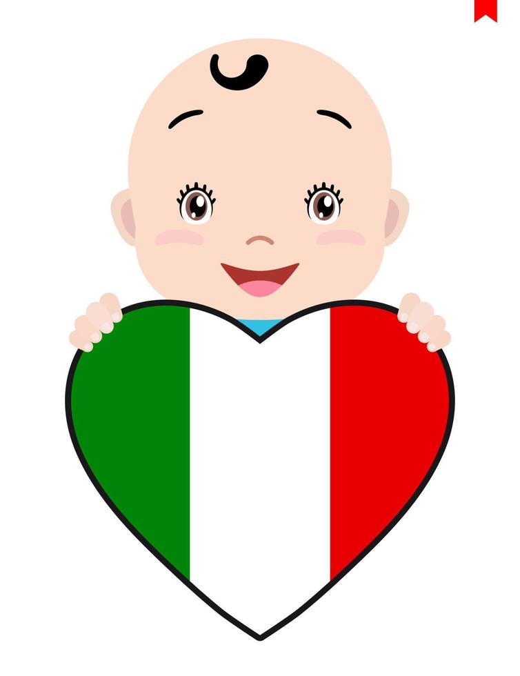 lächelndes Gesicht eines Kindes, eines Babys und einer italienischen Flagge in Form eines Herzens. symbol für patriotismus, unabhängigkeit, reise, symbol der liebe. vektor