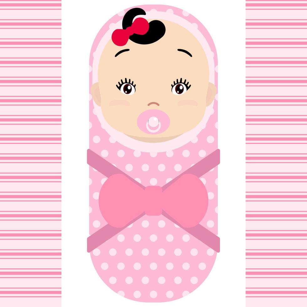 leende asiatisk bebis flicka med napp isolerat på vit bakgrund. vektor tecknad serie maskot. Semester illustration till födelsedag, bebis dusch.
