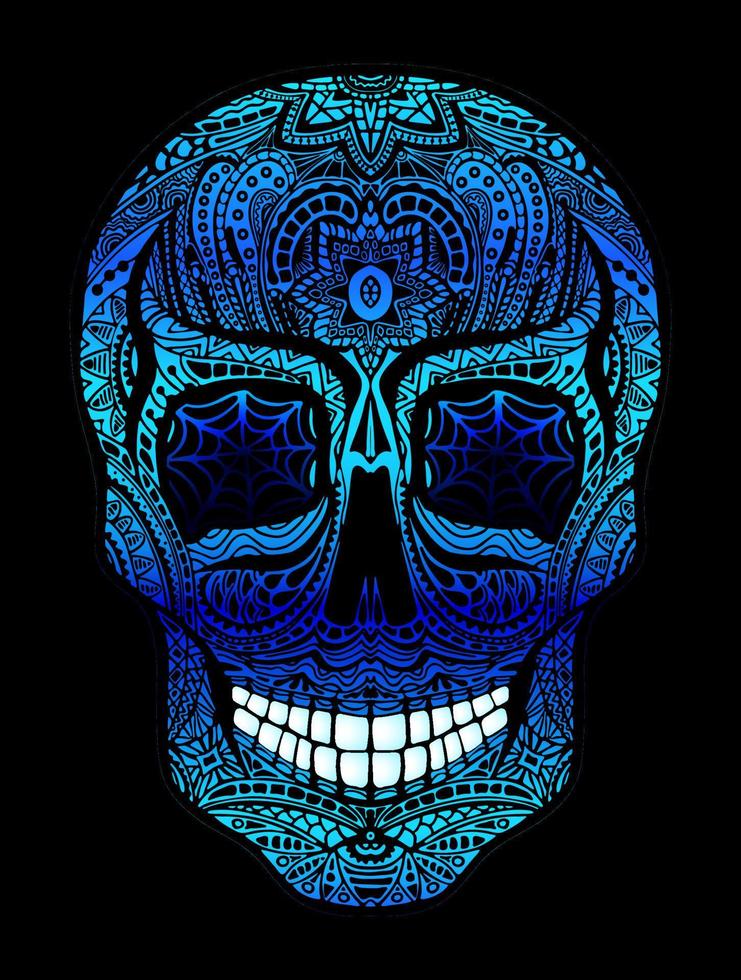 Tätowierungsschädel mit blauen Augen, schwarz-weiße Vektorgrafik auf weißem Hintergrund, Tag des toten Symbols. vektor