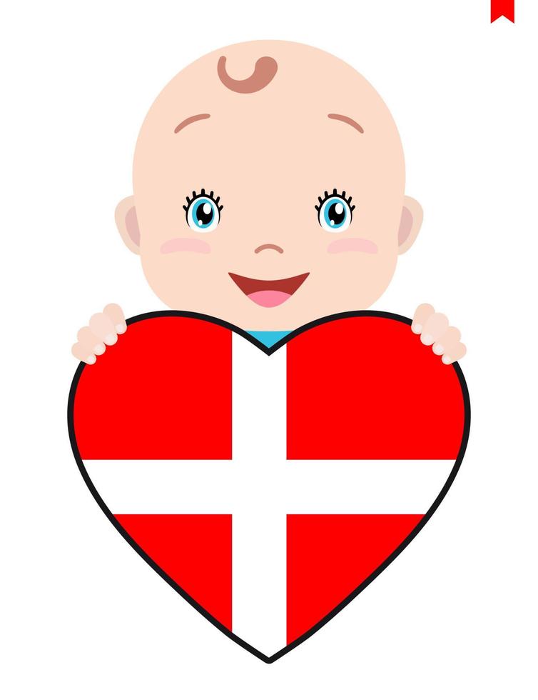 lächelndes Gesicht eines Kindes, eines Babys und einer dänischen Flagge in Form eines Herzens. symbol für patriotismus, unabhängigkeit, reise, symbol der liebe. vektor