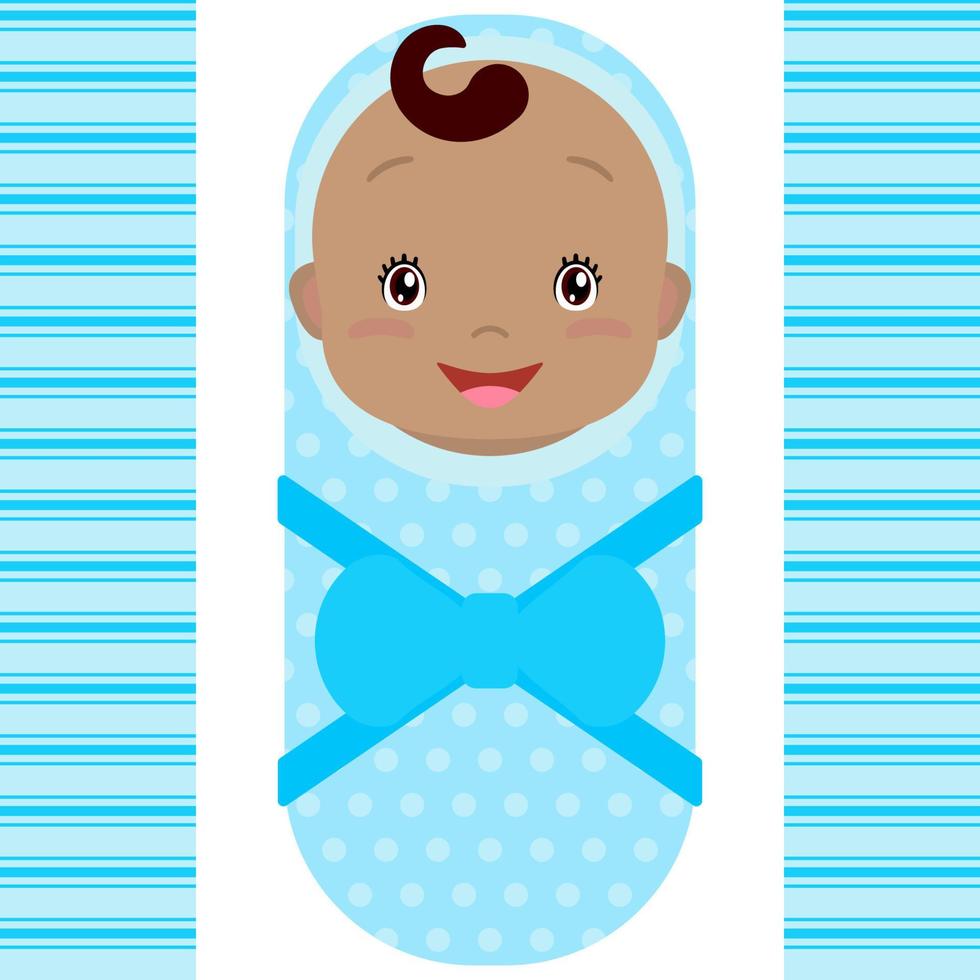 leende afrikansk bebis pojke isolerat på vit bakgrund. vektor tecknad serie maskot. Semester illustration till födelsedag, bebis dusch.