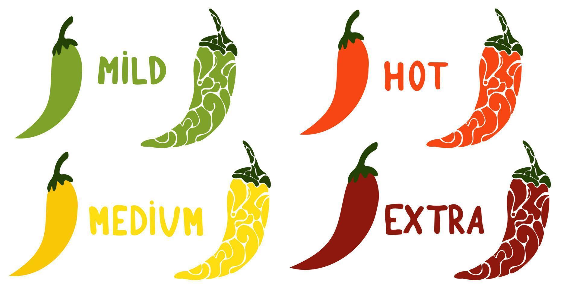 chili peppar värme enhet skala eller mått infographic design mall med varm chili peppar på vit bakgrund. chili peppar kryddad mat nivå ikon samling, mild, medium, varm och extra nivå. vektor