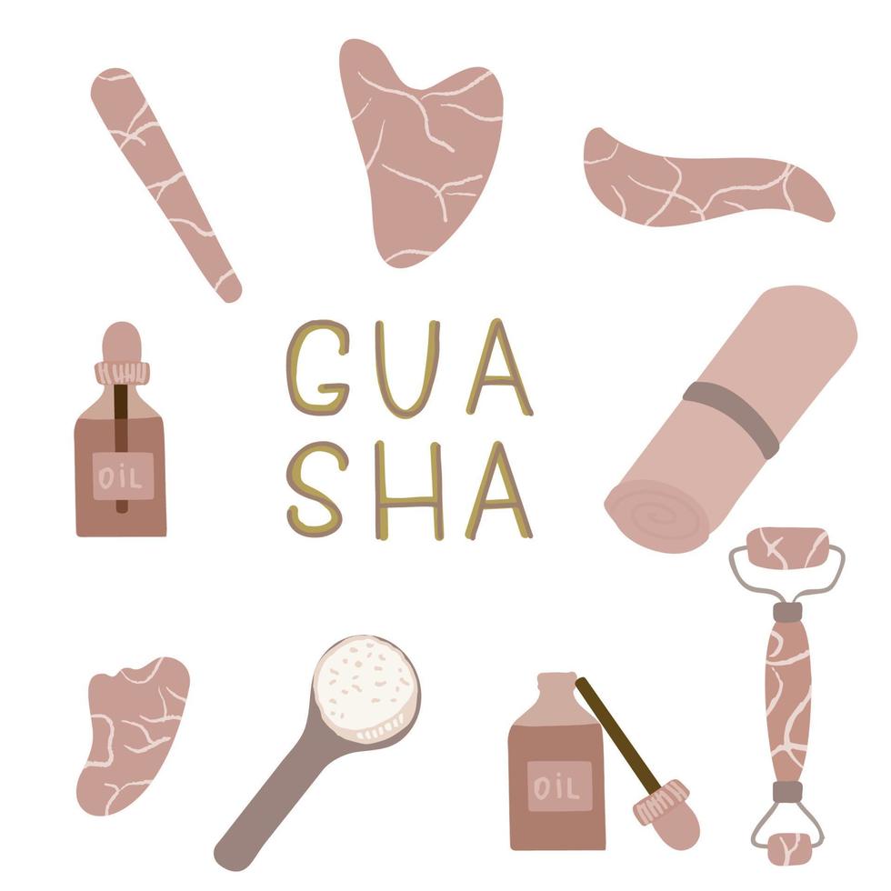 satz von gua sha massage werkzeug. Beauty-Routine für zu Hause. Gua Sha Schaber, Gesichtsöl, Massagerolle. hautpflegeprodukte für spa, schönheitskonzept. isoliert auf weißem Hintergrund vektor