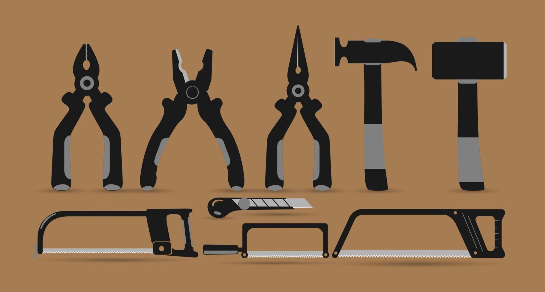 arbete verktyg ikon uppsättning, tång, kniv, hammare och bågfil, konstruktion verktyg vektor illustration samling