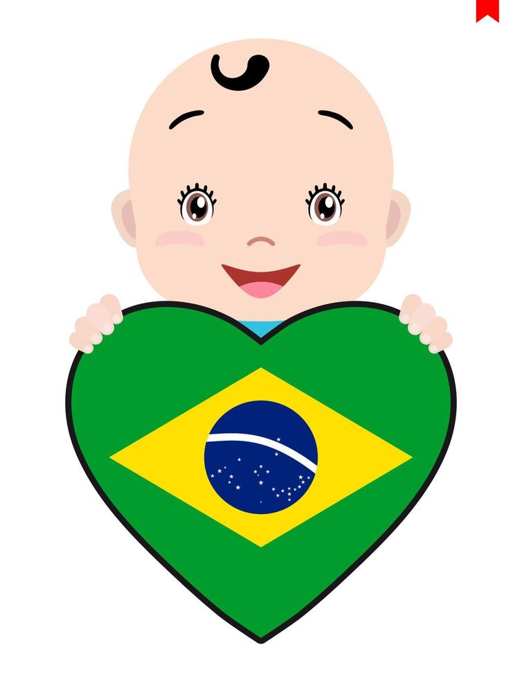 lächelndes Gesicht eines Kindes, eines Babys und einer brasilianischen Flagge in Form eines Herzens. symbol für patriotismus, unabhängigkeit, reise, symbol der liebe. vektor