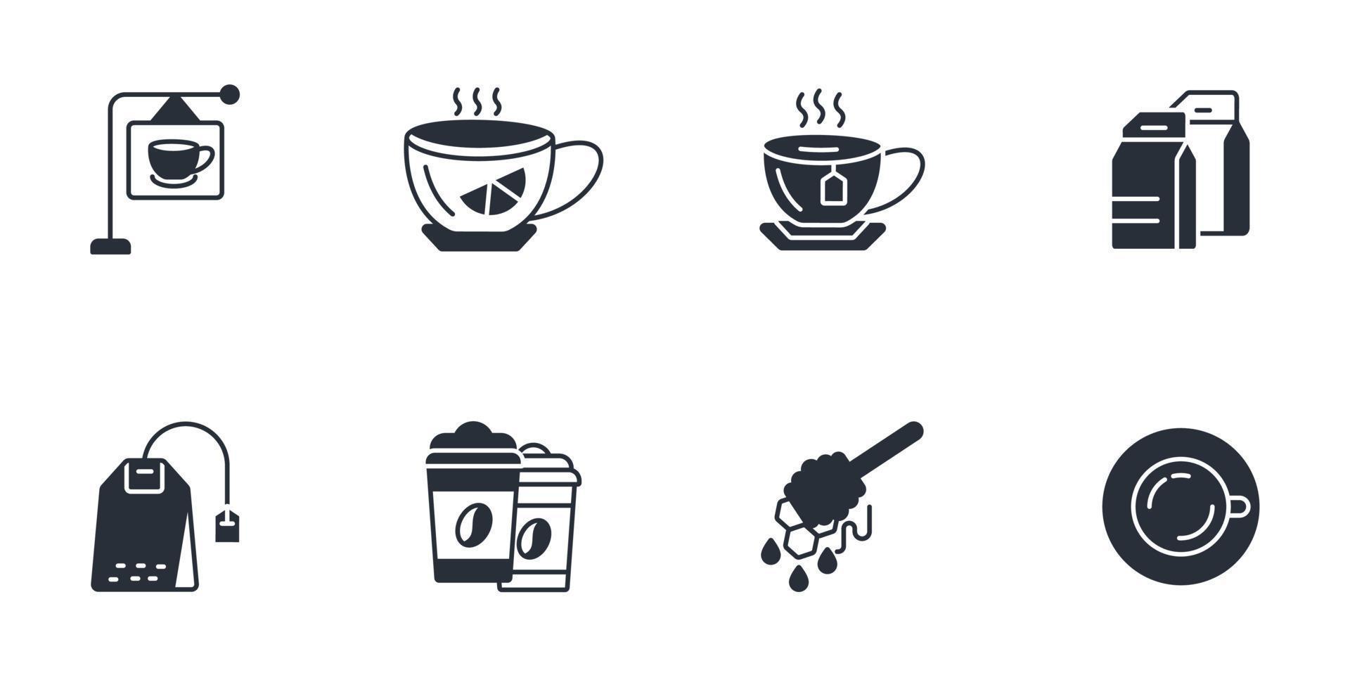 Tee-Coffee-Shop-Icons gesetzt. Tee-Coffee-Shop-Packsymbol-Vektorelemente für Infografik-Web vektor