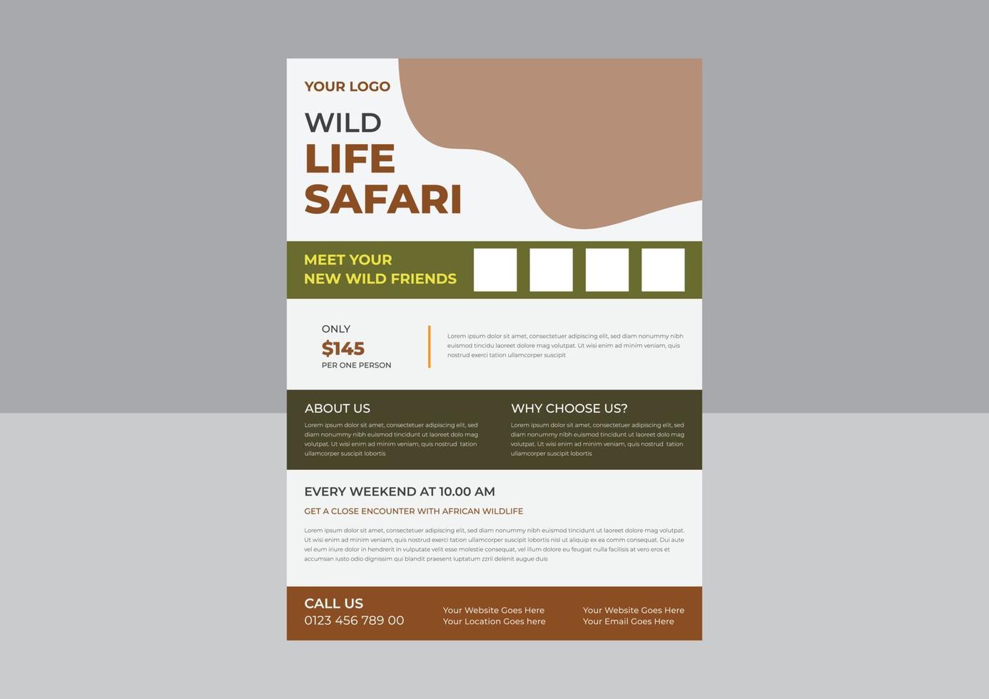 Wildlife-Safari-Flyer, Save-Wildlife-Poster-Design, Savannen-Tour-Poster mit Tier-Flyer. vektor