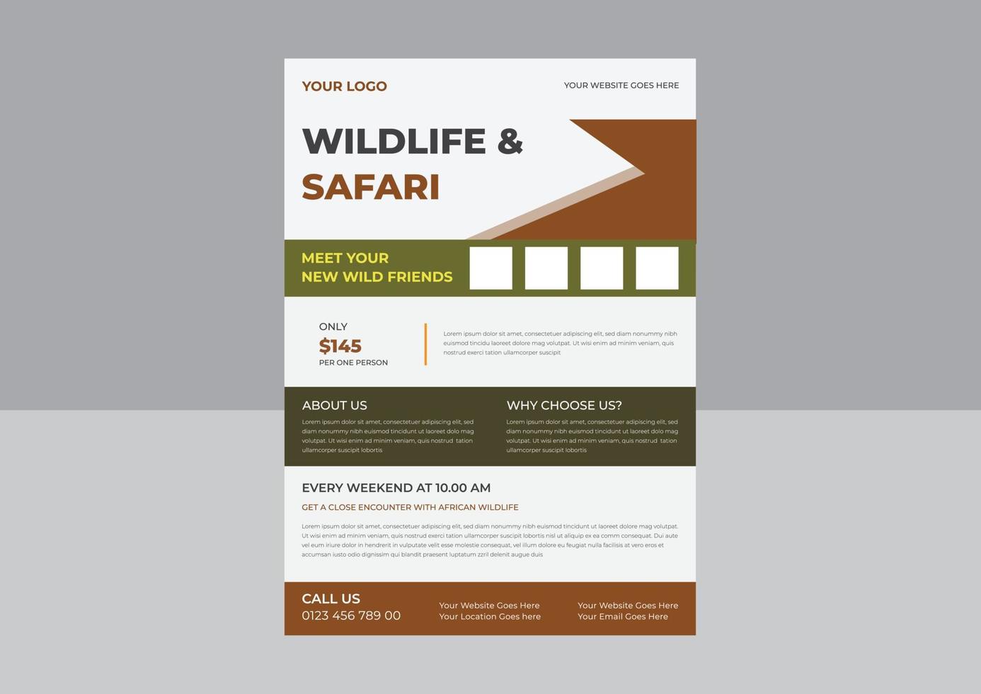 Wildlife-Safari-Flyer, Save-Wildlife-Poster-Design, Savannen-Tour-Poster mit Tier-Flyer. vektor