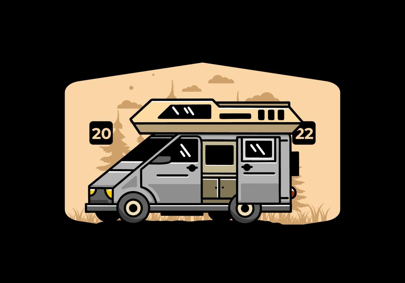 großer Lieferwagen mit Schiebetür für Camping-Illustrationsabzeichen-Design vektor