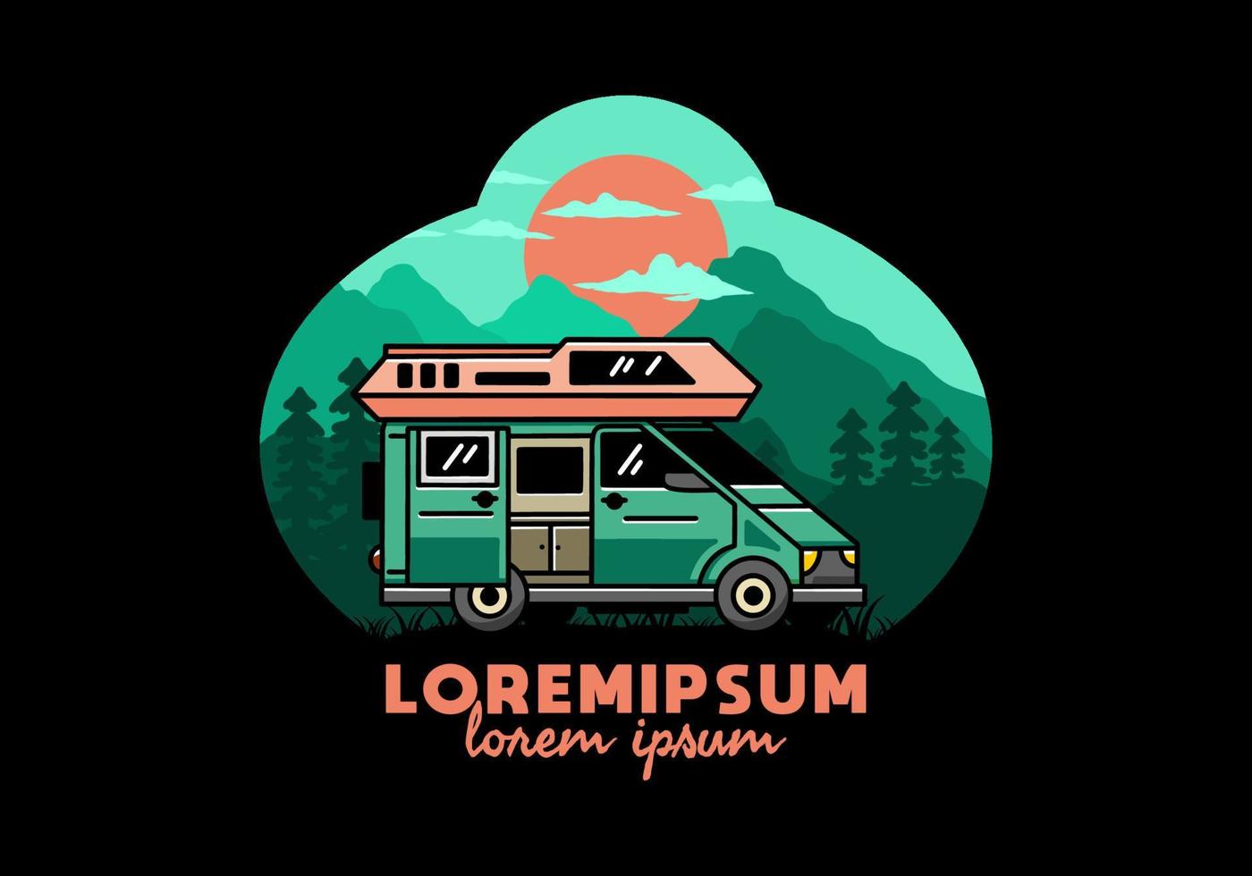 großer Lieferwagen mit Schiebetür für Camping-Illustrationsabzeichen-Design vektor