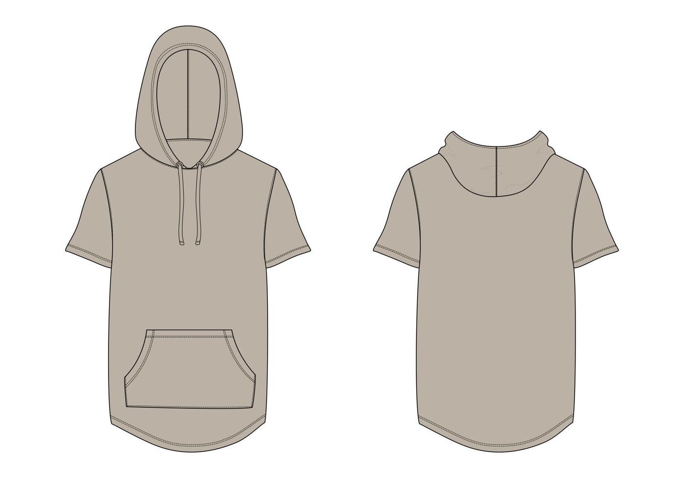 Hoodie technische Mode flache Skizze Vektor Illustration Khaki Farbvorlage Vorder- und Rückansicht.