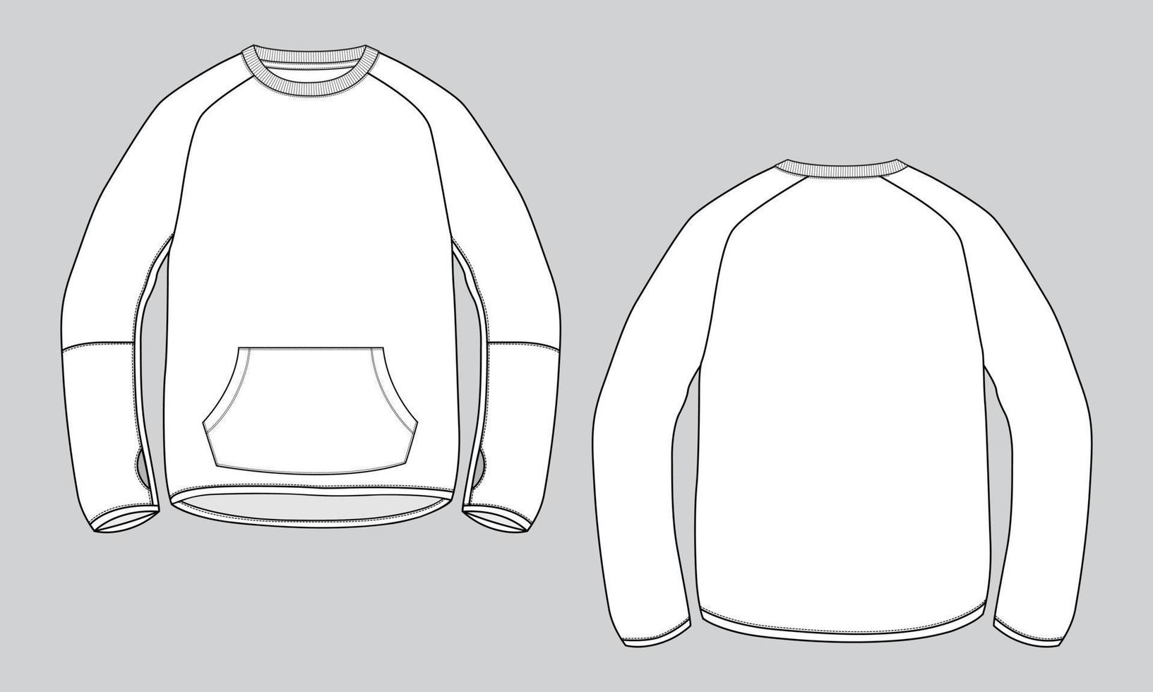 Langarm-Sweatshirt technische Mode flache Skizze Vektor Illustration Vorlage Vorder- und Rückansichten. Baumwoll-Fleece-Jersey Winterkleidung Design Mock-Up Cad