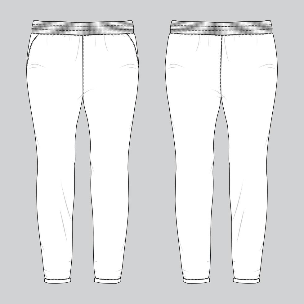 schmal geschnittene leggings hose mode flache skizze vektor illustration vorlage vorne, rückansicht. Mockup mit langen Beinen für Mädchen für Damen-Unisex-Cad.