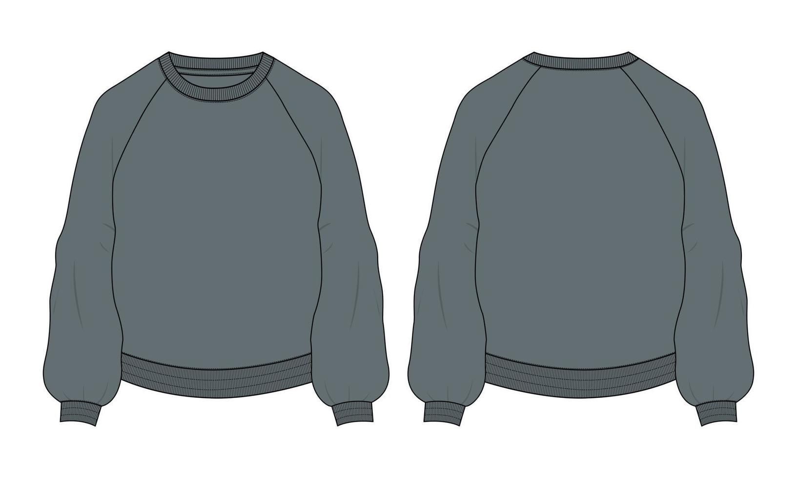 Langarm-Sweatshirt technische Mode flache Skizze Vektor-Illustration graue Farbvorlage Vorder- und Rückansicht. Baumwoll-Fleece-Jersey Winterkleidung Design Mock-Up Cad vektor