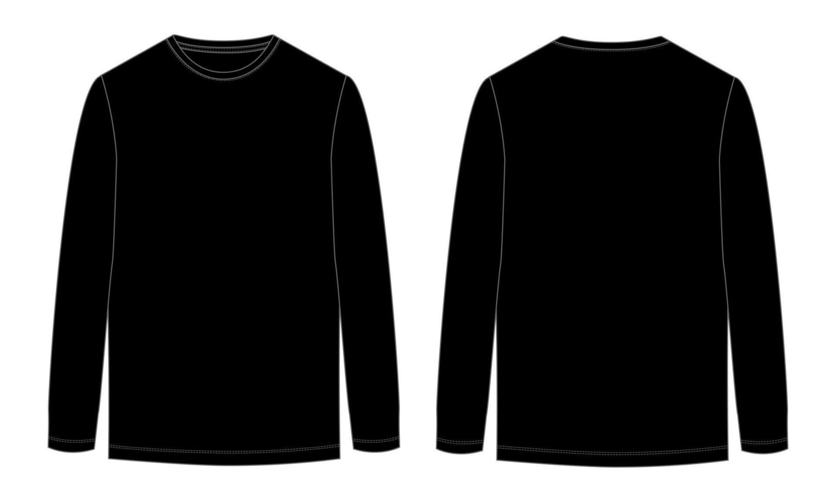 Langarm-T-Shirt technische Mode flache Skizze Vektor-Illustration schwarze Farbvorlage Vorder- und Rückansicht. Bekleidungsdesign mock-up cad einfach zu bearbeiten und anpassbar vektor