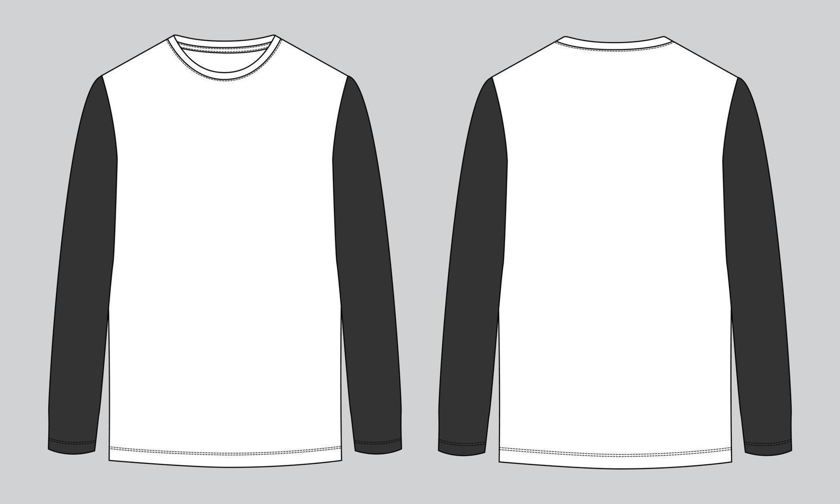 zweifarbiges Langarm-T-Shirt technische Mode flache Skizzenvektor-Illustrationsvorlage Vorder- und Rückansichten. Bekleidungsdesign mock-up cad einfach zu bearbeiten und anpassbar vektor
