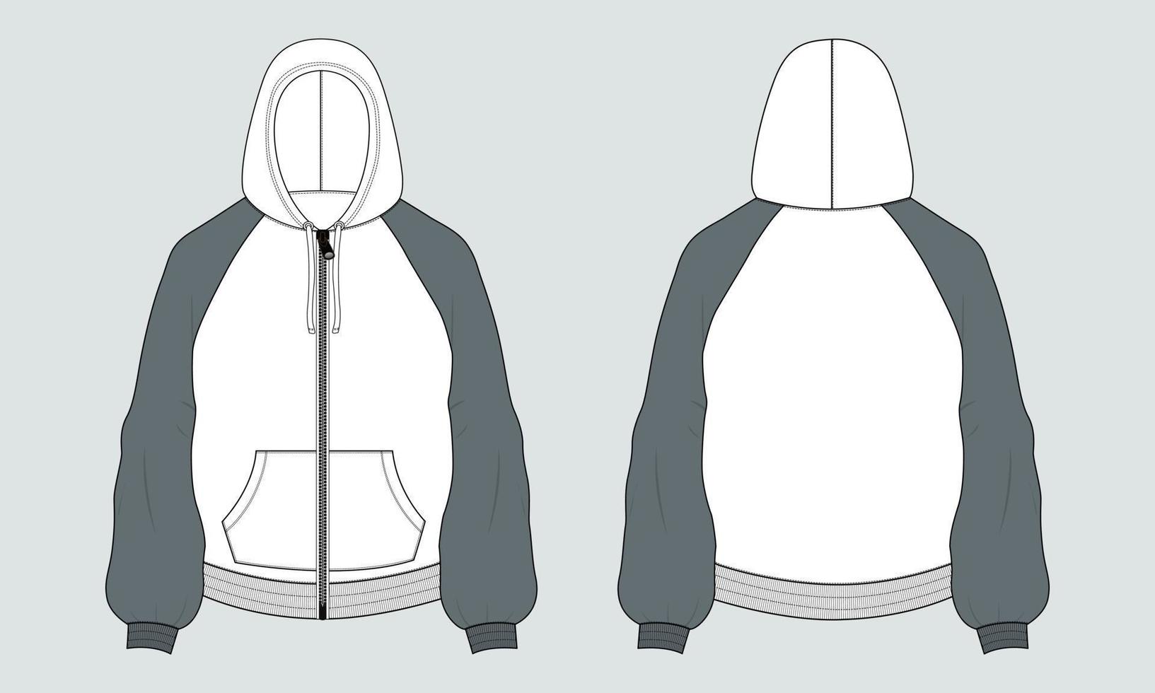 Zweifarbiger, langärmliger Hoodie mit Reißverschluss und Tasche, technische Mode, flache Skizzenzeichnungsvorlage, Vorder- und Rückansicht. Kleidung Kleid Design Vektor Illustration Mockup Cad.