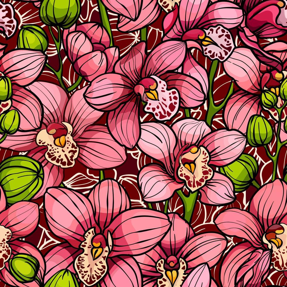 Rosa Orchideen, nahtloses Vektormuster. handgezeichnete Abbildung. exotische tropische Blumen vektor