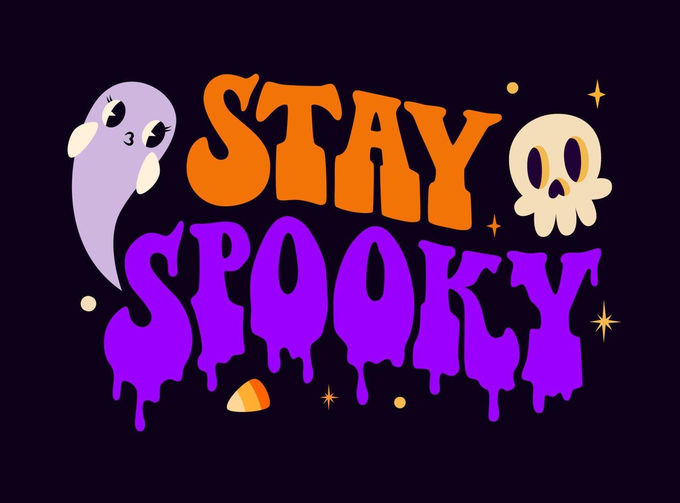 stanna kvar läskigt halloween text illustration med kopp spöke karaktär och tecknad serie stil skalle. vektor