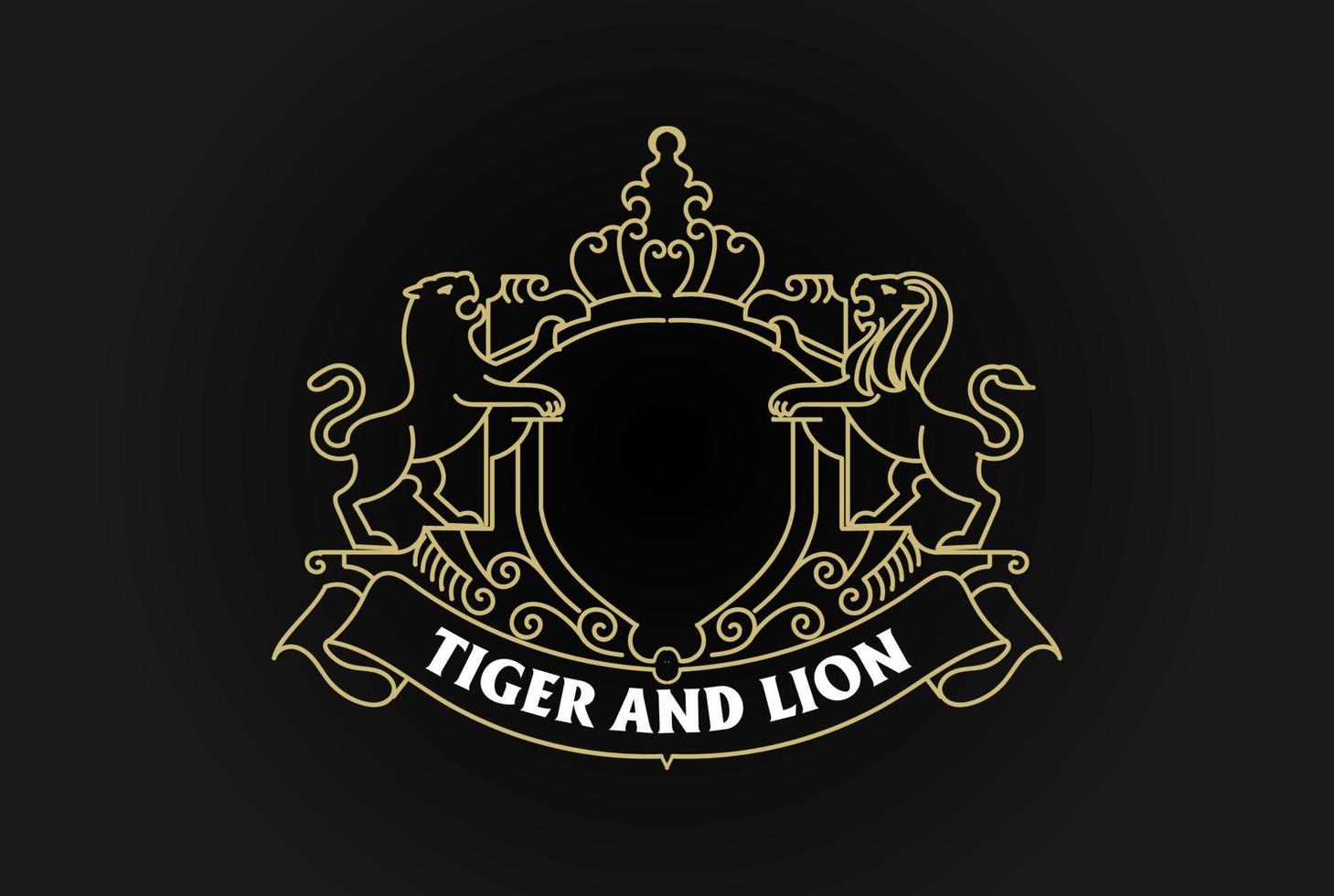 årgång retro prydnad tom gräns ram kunglig med lejon och tiger skydda bricka emblem stämpel märka logotyp design vektor