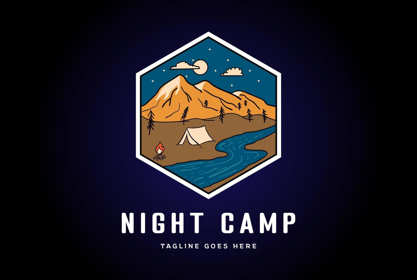 Nachtbergzelt Lagerfeuer und River Creek Abzeichen Emblem für Outdoor-Camp-Logo-Design vektor