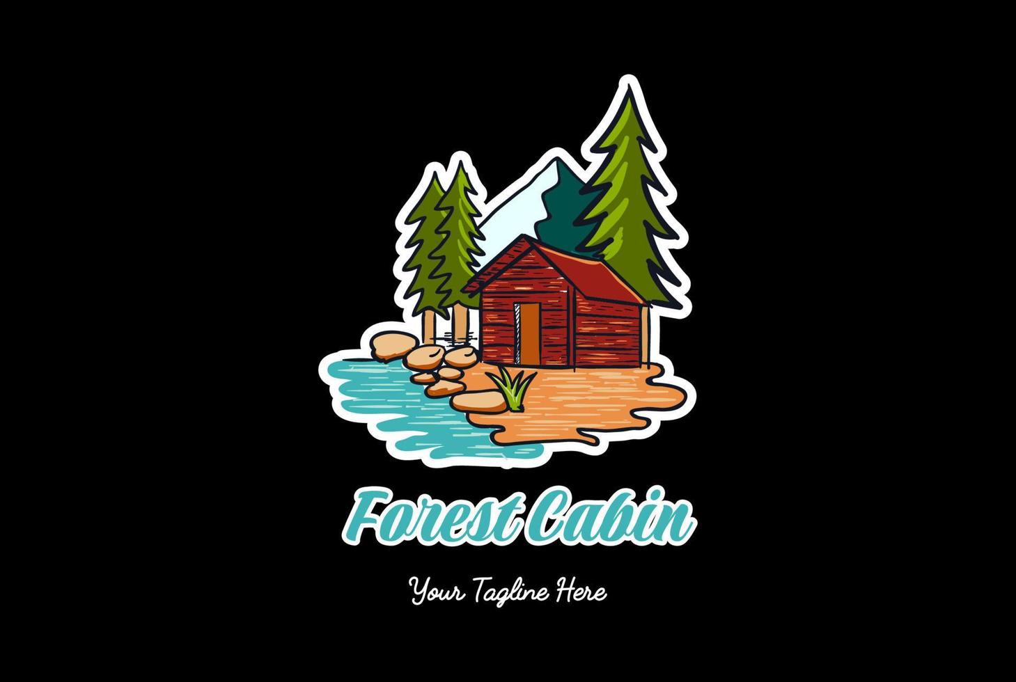 Eis, Schnee, Bergkiefer, immergrüner Fichten-Tannenwald mit See-Bach-Fluss für Hütten-Chalet-Cottage-Logo-Design vektor