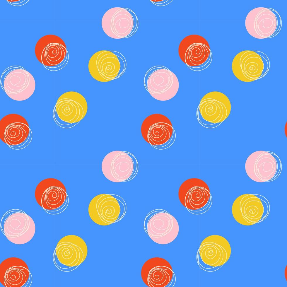 abstrakt sömlös mönster med gul, röd, rosa cirkel och beige klotter på blå bakgrund. för textil, bakgrund, omslag vektor