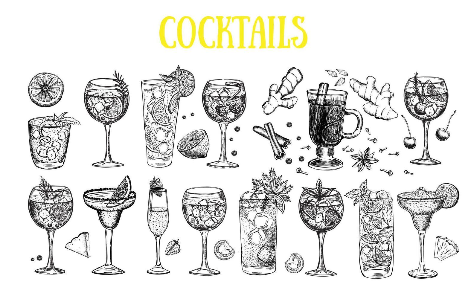 Entwurfsvorlage für Cocktailkarten. alkoholische cocktails handgezeichnet. vektor