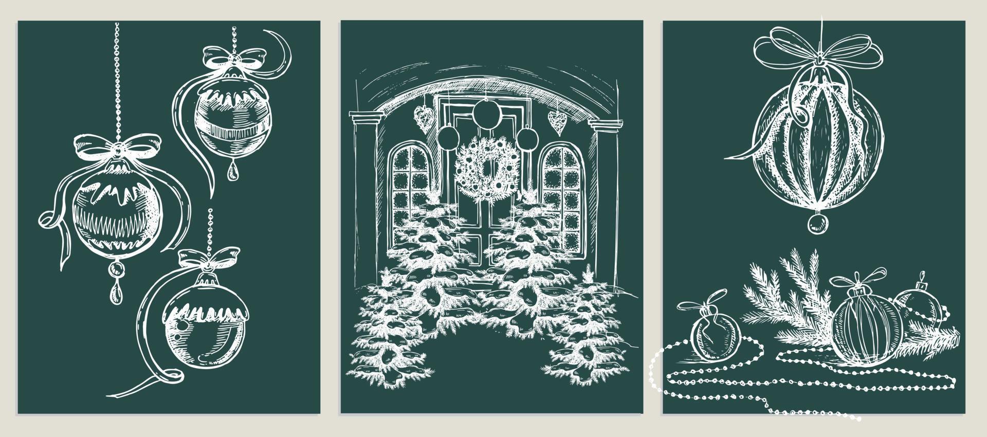 jul träd uppsättning, kaka och jul boll, hand dragen illustration. vektor