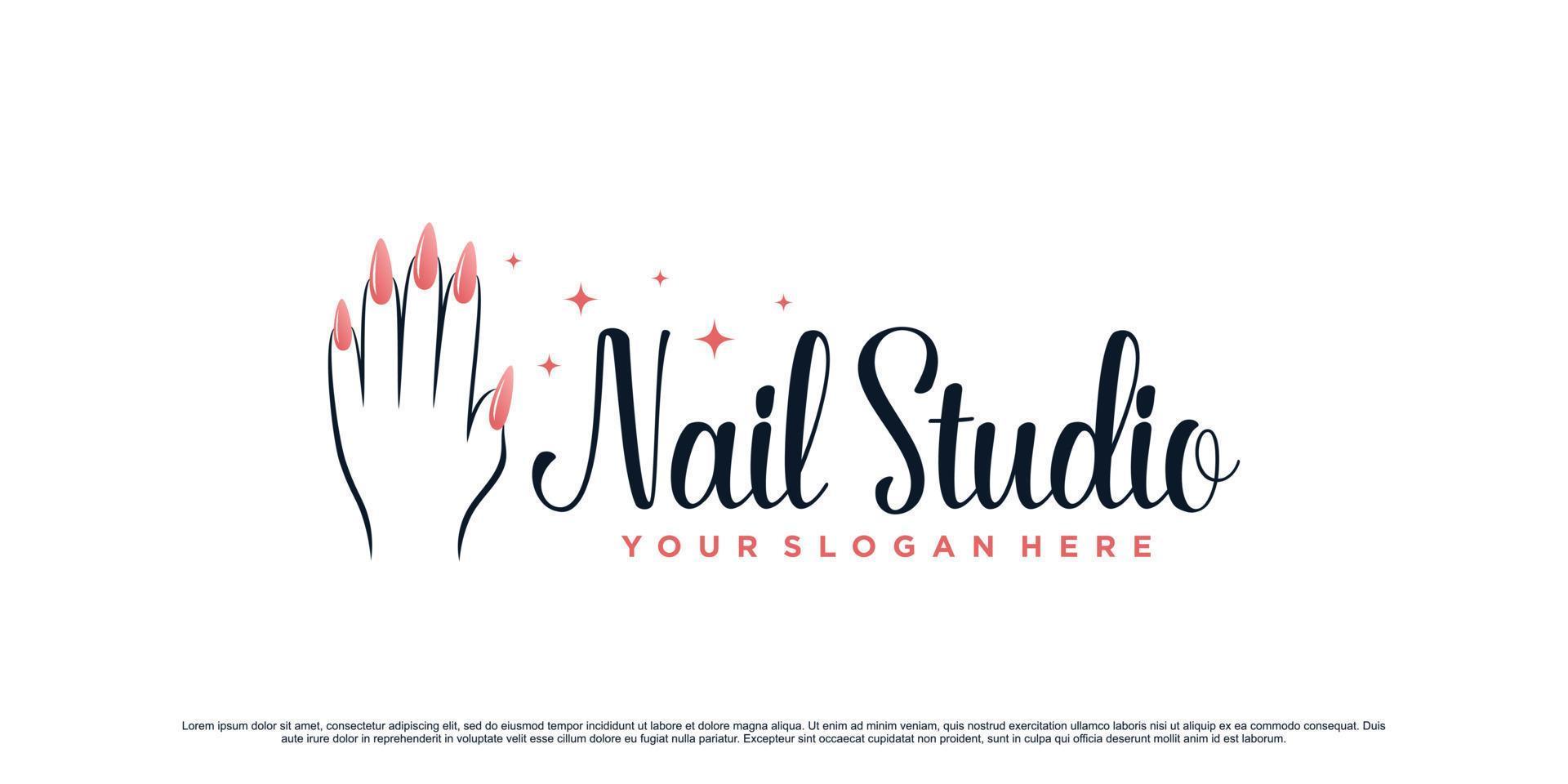 nagel putsa studio logotyp design för skönhet salong med kvinna hand och kreativ begrepp premie vektor