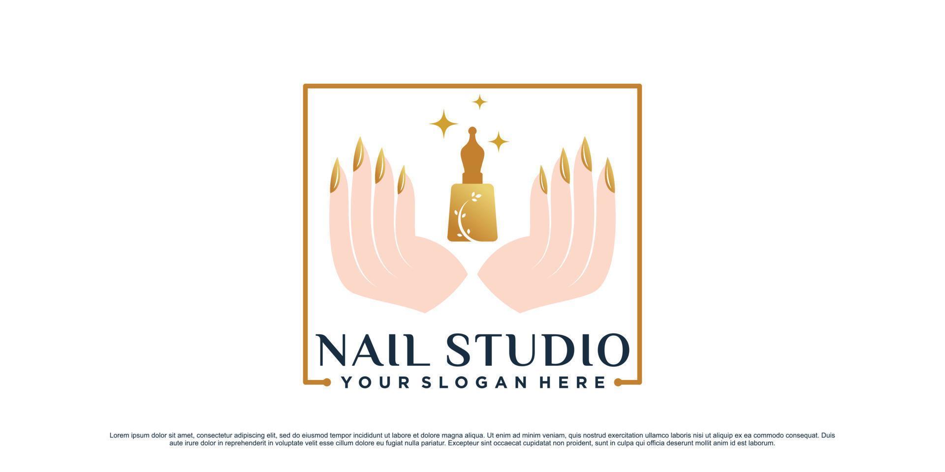 nagel putsa logotyp design för nagel konst studio med kvinna hand och fyrkant begrepp premie vektor