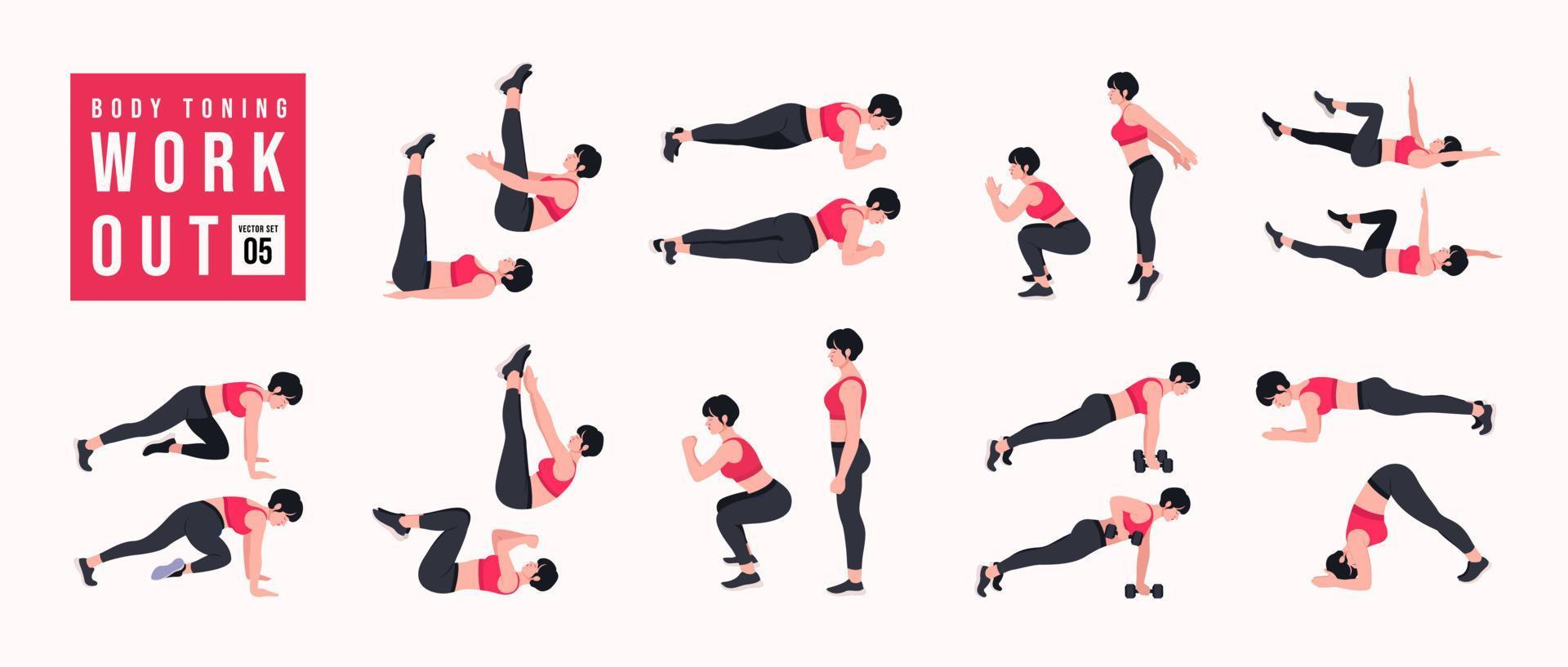 Body-Toning-Workout-Set. frauen, die fitness- und yogaübungen machen. Ausfallschritte, Liegestütze, Kniebeugen, Hantelrudern, Burpees, Seitenplanken, Situps, Glute Bridge, Beinheben, Russian Twist, Side Crunch usw vektor