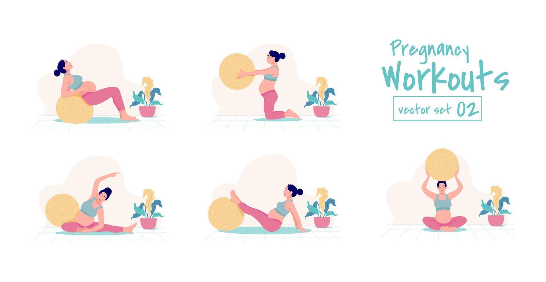 prenatal graviditet träningspass uppsättning. stabilitet boll övningar. arbetssätt ut och kondition, graviditet begrepp. vektor illustration.