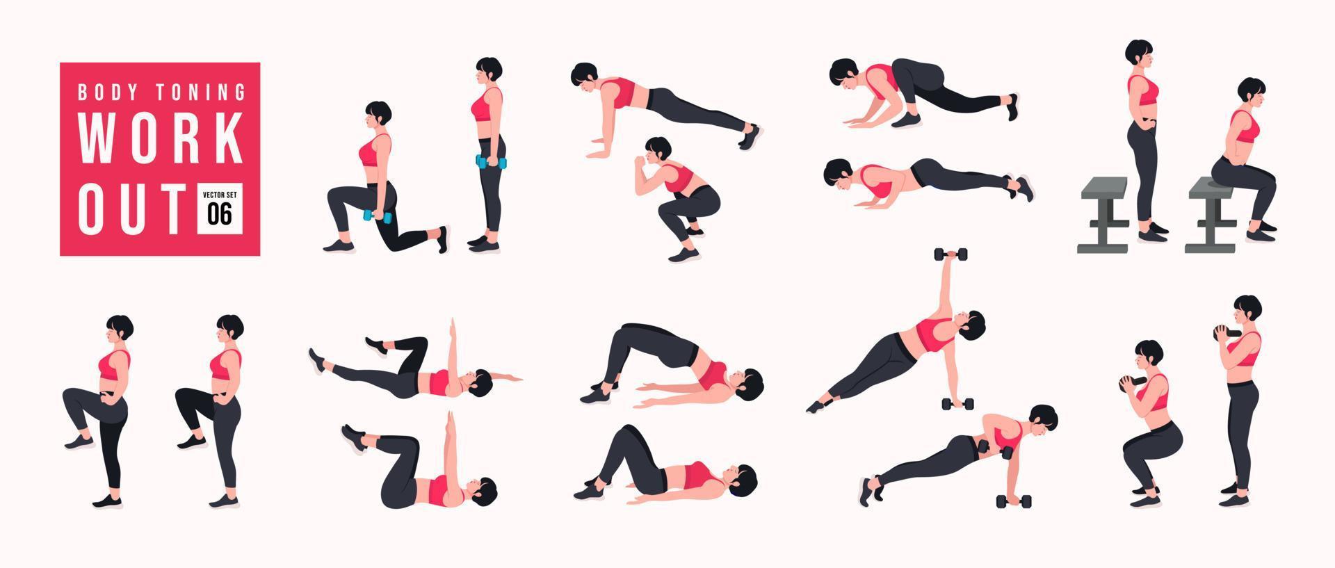 Body-Toning-Workout-Set. frauen, die fitness- und yogaübungen machen. Ausfallschritte, Liegestütze, Kniebeugen, Hantelrudern, Burpees, Seitenplanken, Situps, Glute Bridge, Beinheben, Russian Twist, Side Crunch usw vektor