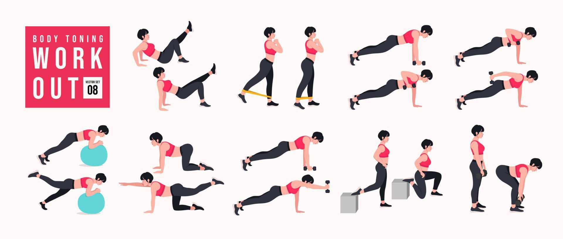 Body-Toning-Workout-Set. frauen, die fitness- und yogaübungen machen. Ausfallschritte, Liegestütze, Kniebeugen, Hantelrudern, Burpees, Seitenplanken, Situps, Glute Bridge, Beinheben, Russian Twist, Side Crunch usw vektor