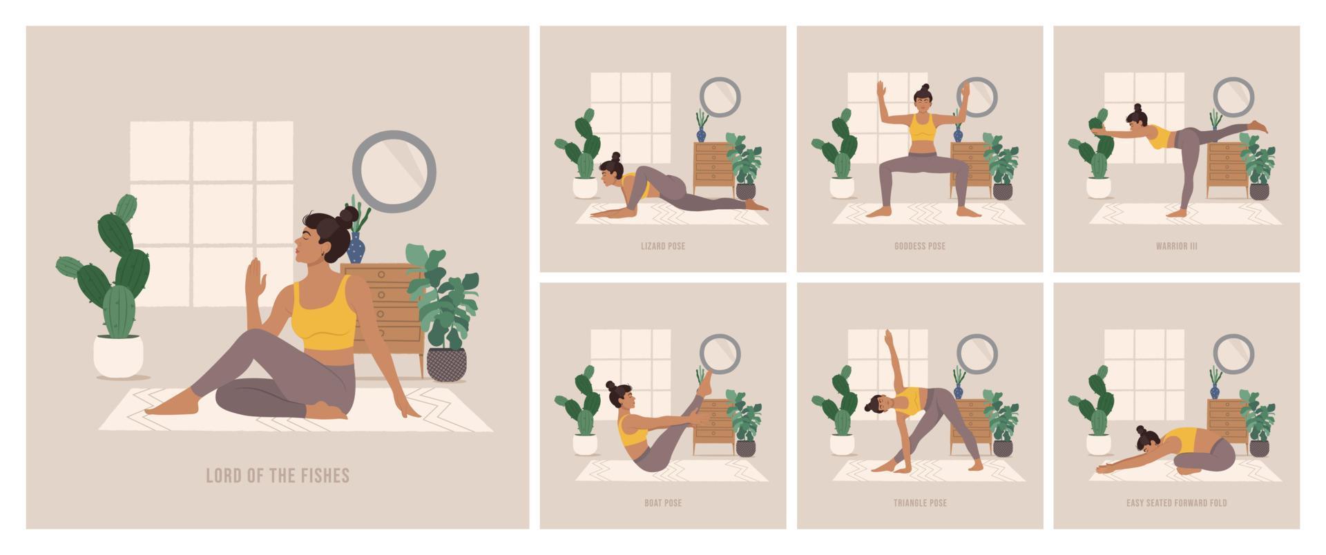 yoga poser uppsättning. ung kvinna praktiserande yoga utgör. kvinna träna kondition, aerob och övningar. boho stil vektor illustration.