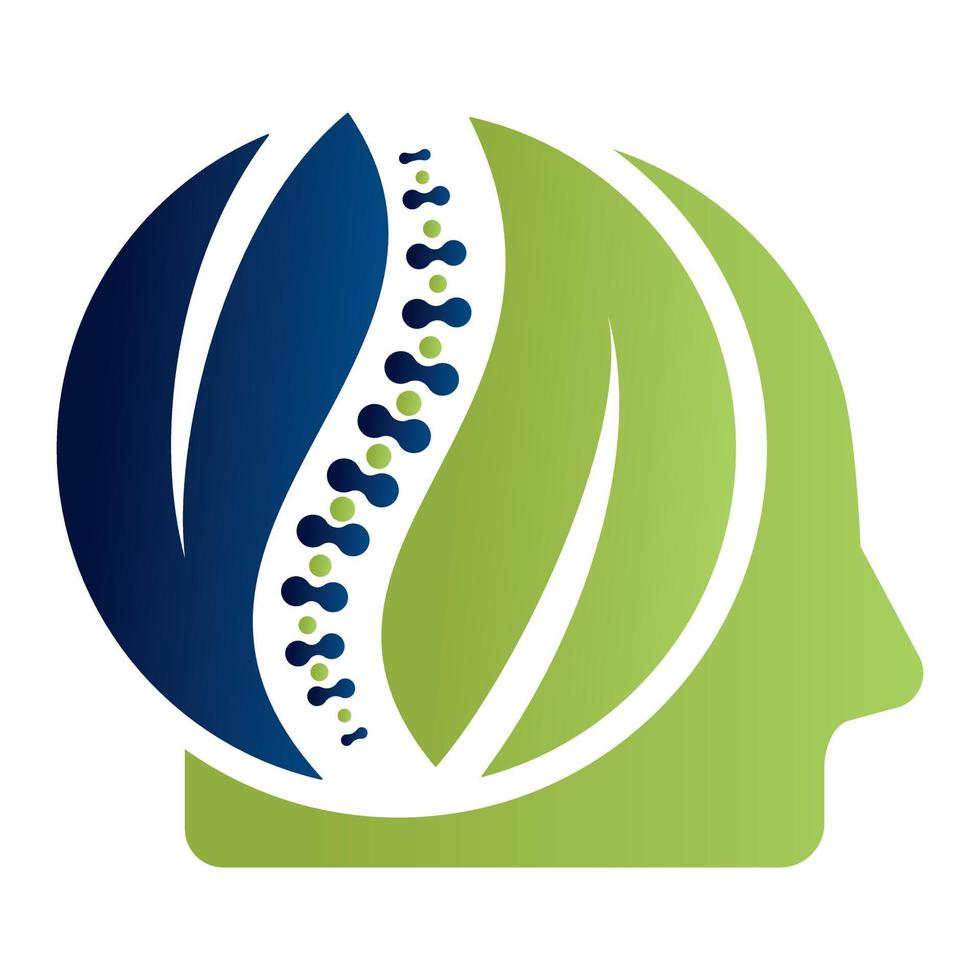 menschlicher Kopf und Chiropraktik-Logo-Design-Vektor-Illustration. Bio-Logo für die Wirbelsäulenpflege. vektor
