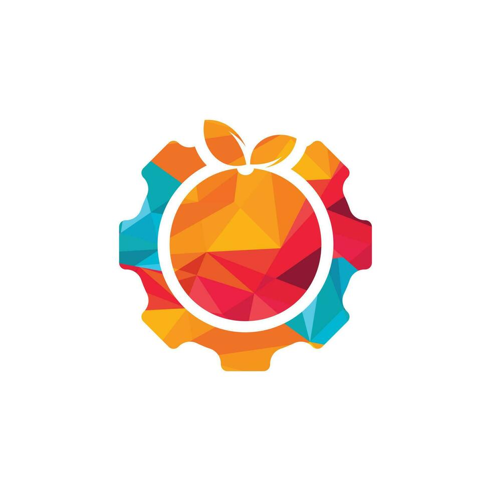 Ausrüstung mit frischem orangefarbenem Logo-Design. Zahnrad und Obst-Vektor-Icon-Logo-Design vektor