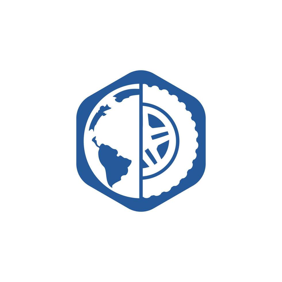Reifen-Welt-Vektor-Logo-Vorlage. Kombination aus Vektorrad und Planetenlogo. vektor
