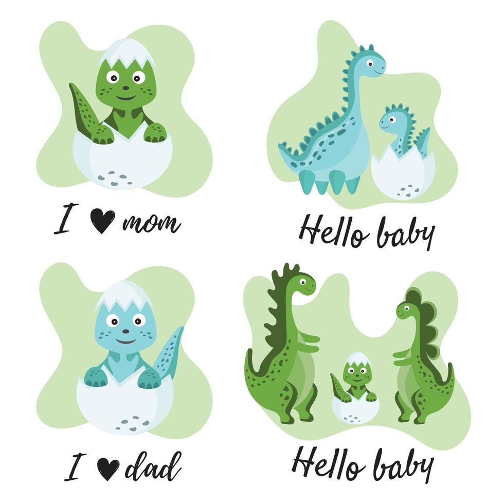 herzlichen glückwunsch zur geburt des kindes für die eltern. Der kleine Dinosaurier liebt Mama und Papa. Hallo Baby. neugeborenes Baby-Konzept. vektorillustration für einladung, karten, dekorationsparty. Dinosaurier für Kinder. vektor