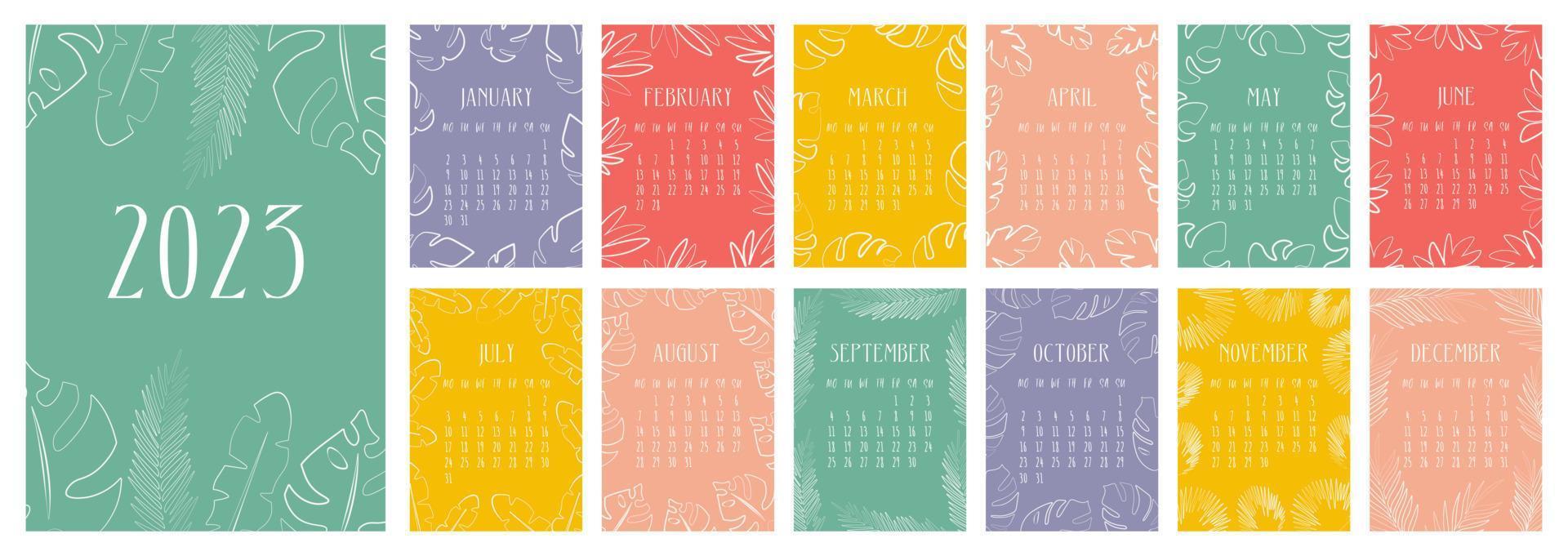 vektorkalender für 2023. umschläge und 12-monatige seiten hell mit tropischen und palmblättern. im trendigen minimalistischen abstrakten Stil gestaltet. ein moderner Kalender fürs Büro, Organizer oder zum Verschenken. vektor