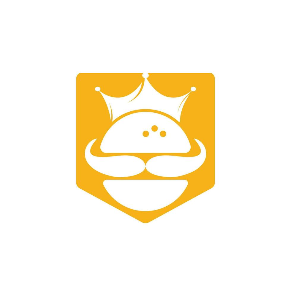 Burger King-Vektor-Logo-Design. Burger mit Krone und Schnurrbart-Symbol-Logo-Konzept. vektor