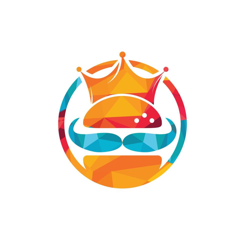 Burger King-Vektor-Logo-Design. Burger mit Krone und Schnurrbart-Symbol-Logo-Konzept. vektor