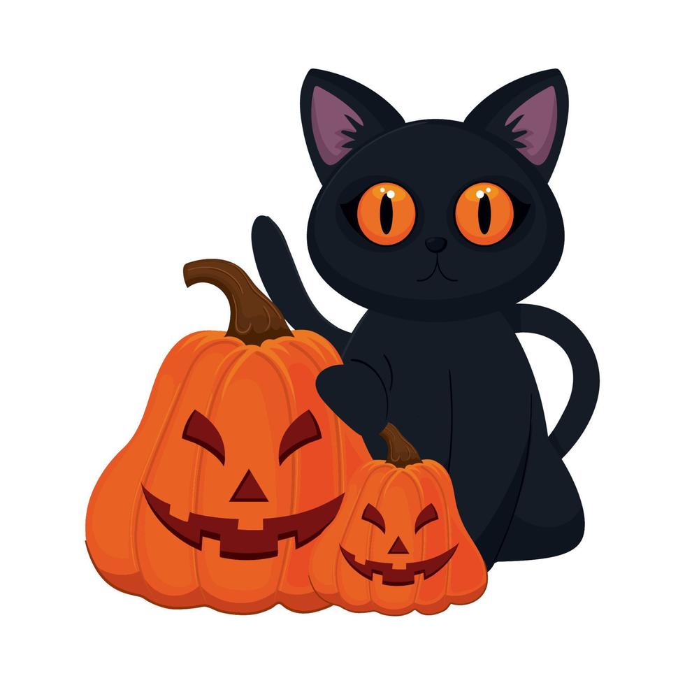 Halloween-Katze und lustige Kürbisse vektor